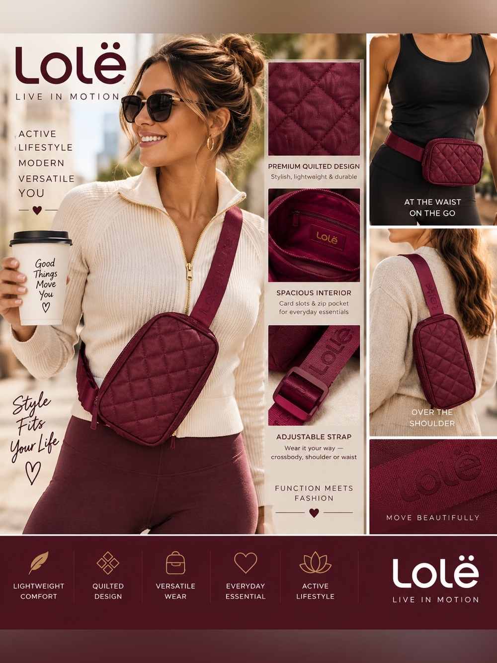 Lole Quilted Burgundy Crossbody Belt Bag
